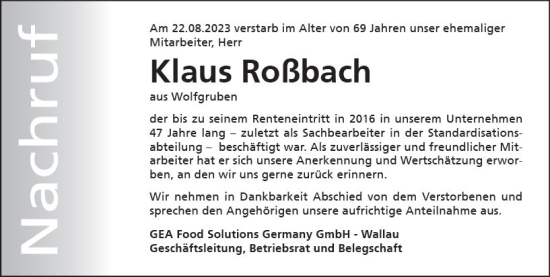 Traueranzeige von Klaus Roßbach von Hinterländer Anzeiger