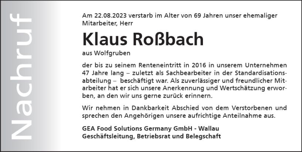  Traueranzeige für Klaus Roßbach vom 31.08.2023 aus Hinterländer Anzeiger