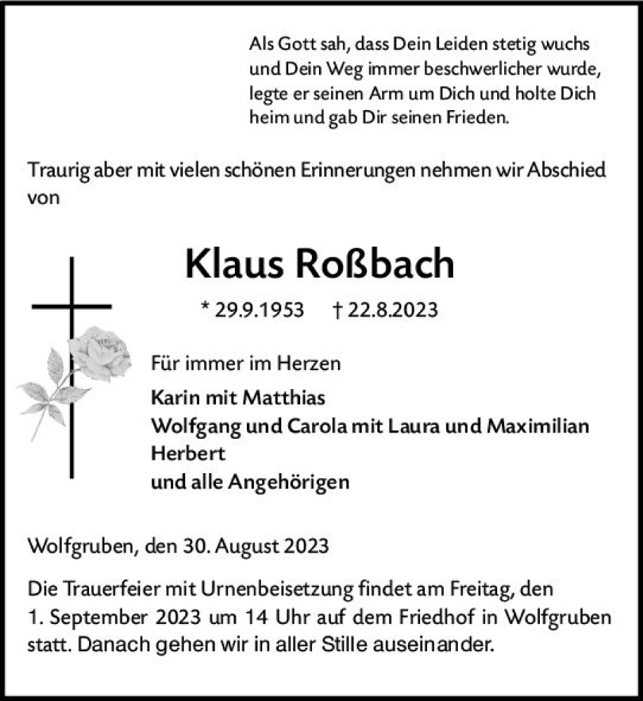  Traueranzeige für Klaus Roßbach vom 30.08.2023 aus Hinterländer Anzeiger
