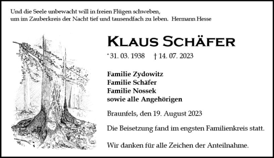Traueranzeige von Klaus Schäfer von Wetzlarer Neue Zeitung