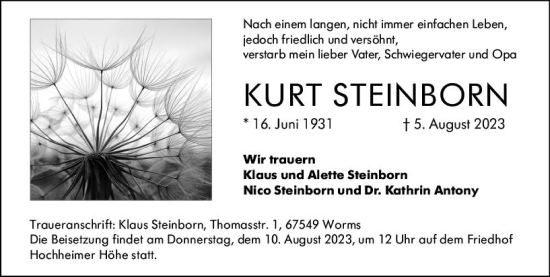 Traueranzeige von Kurt Steinborn von Wormser Zeitung