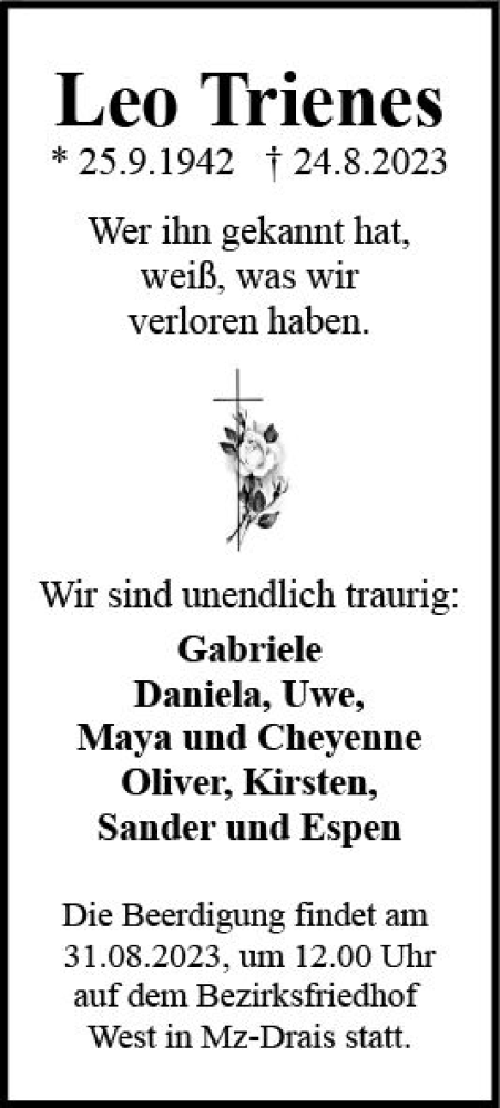  Traueranzeige für Leo Trienes vom 29.08.2023 aus Allgemeine Zeitung Mainz