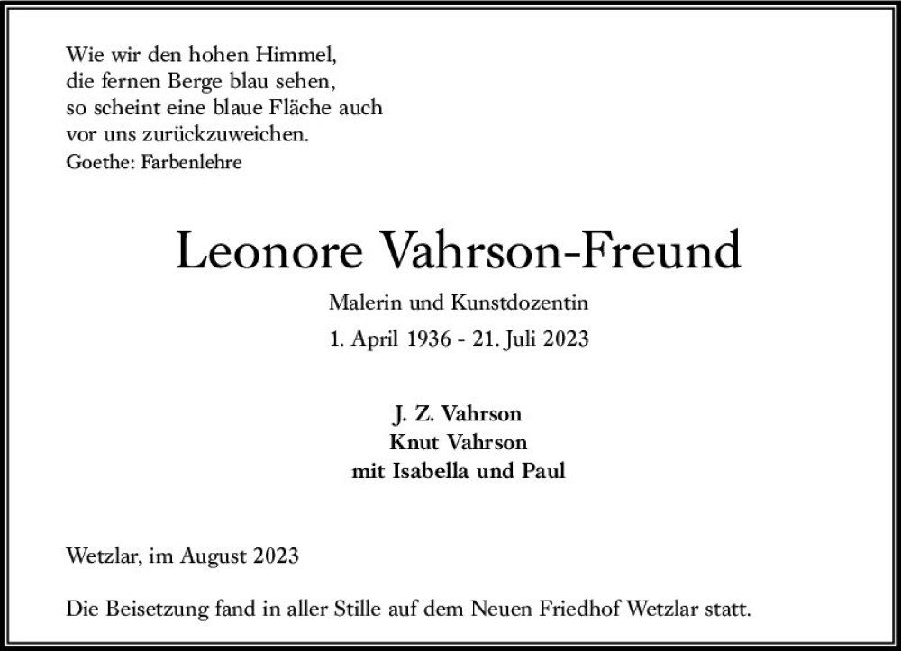  Traueranzeige für Leonore Vahrson-Freund vom 02.08.2023 aus Wetzlarer Neue Zeitung