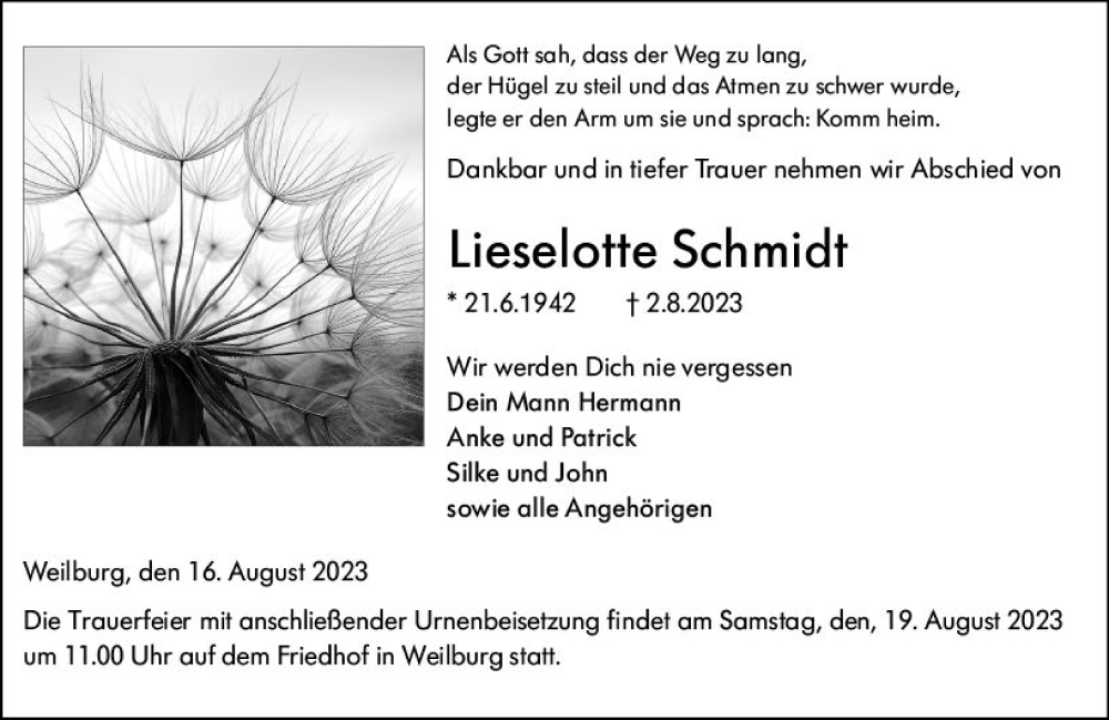  Traueranzeige für Lieselotte Schmidt vom 16.08.2023 aus Weilburger Tageblatt