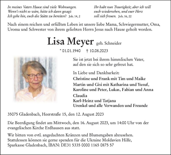 Traueranzeige von Lisa Meyer von Hinterländer Anzeiger