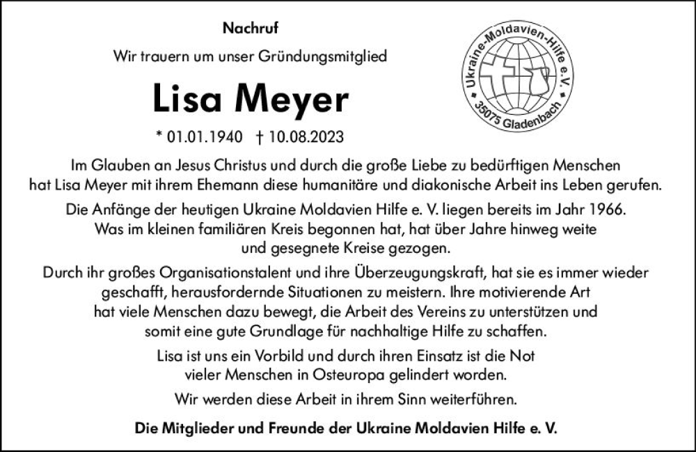  Traueranzeige für Lisa Meyer vom 26.08.2023 aus Hinterländer Anzeiger