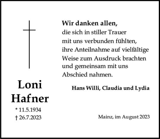 Traueranzeige von Loni Hafner von Allgemeine Zeitung Mainz