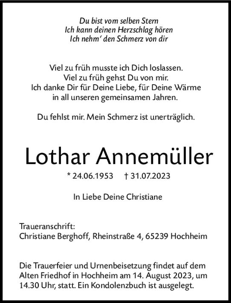  Traueranzeige für Lothar Annemüller vom 11.08.2023 aus Hochheimer Zeitung