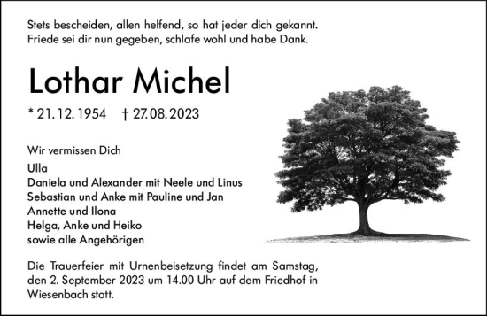 Traueranzeige von Lothar Michel von Hinterländer Anzeiger
