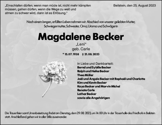 Traueranzeige von Magdalene Becker von Dill Block
