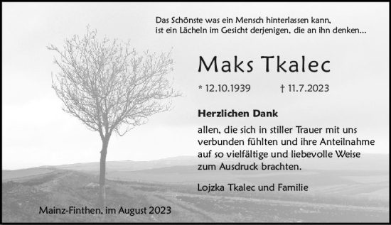 Traueranzeige von Maks Tkalec von Allgemeine Zeitung Mainz