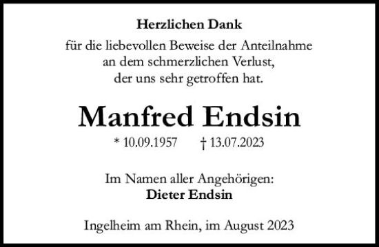 Traueranzeige von Manfred Endsin von Allgemeine Zeitung Bingen/Ingelheim