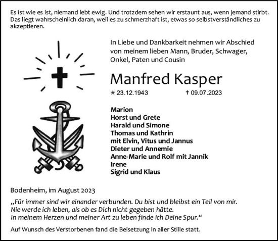 Traueranzeige von Manfred Kasper von Allgemeine Zeitung Mainz