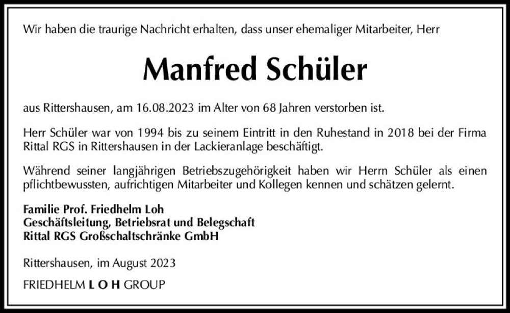 Traueranzeige für Manfred Schüler vom 30.08.2023 aus Dill Block