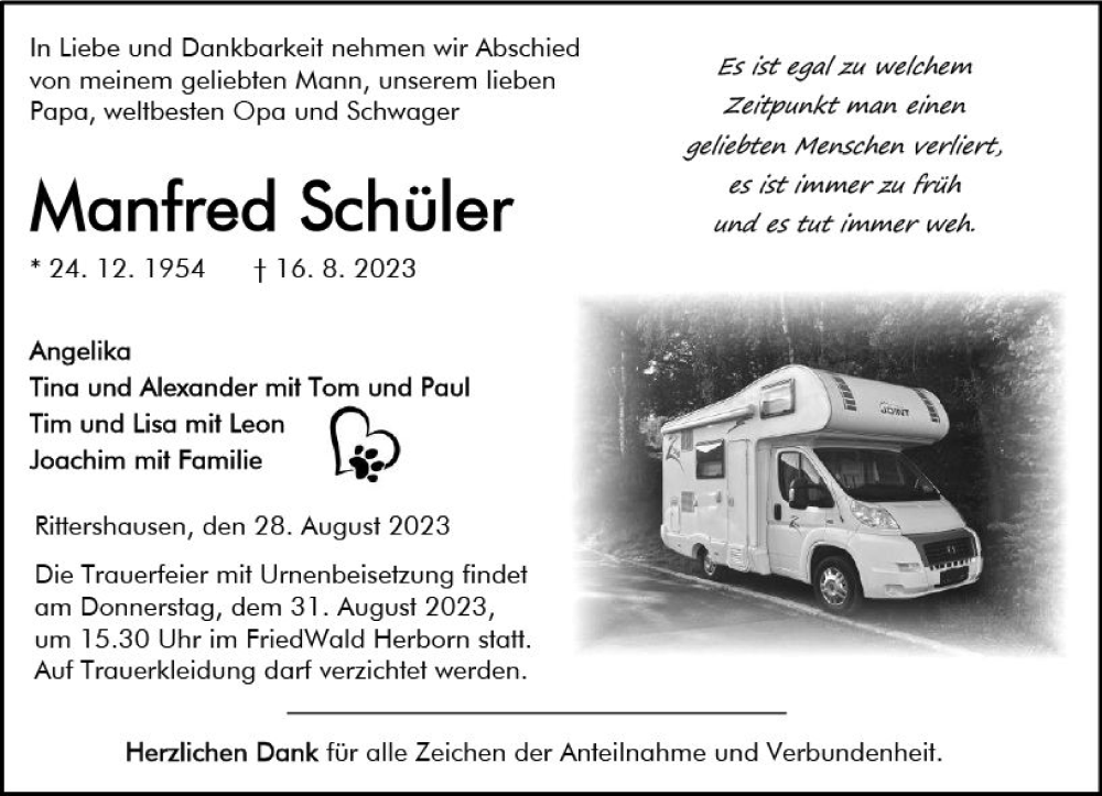  Traueranzeige für Manfred Schüler vom 28.08.2023 aus Dill Block
