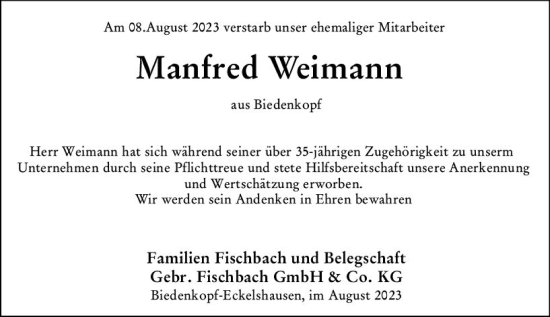 Traueranzeige von Manfred Weimann von Hinterländer Anzeiger