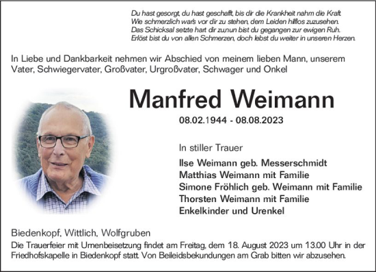 Traueranzeige von Manfred Weimann von Hinterländer Anzeiger