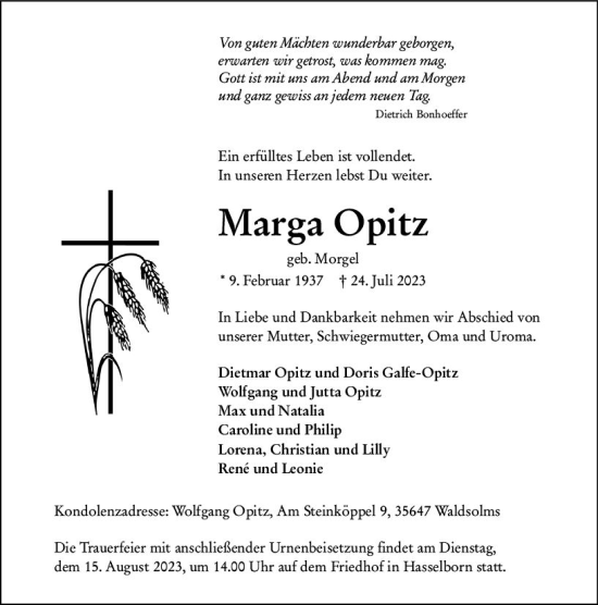 Traueranzeige von Marga Opitz von Wetzlarer Neue Zeitung