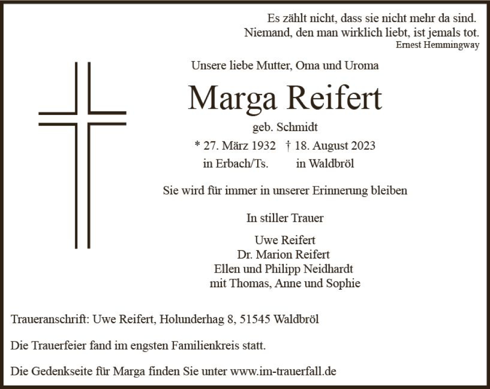  Traueranzeige für Marga Reifert vom 31.08.2023 aus Camberger Anzeiger