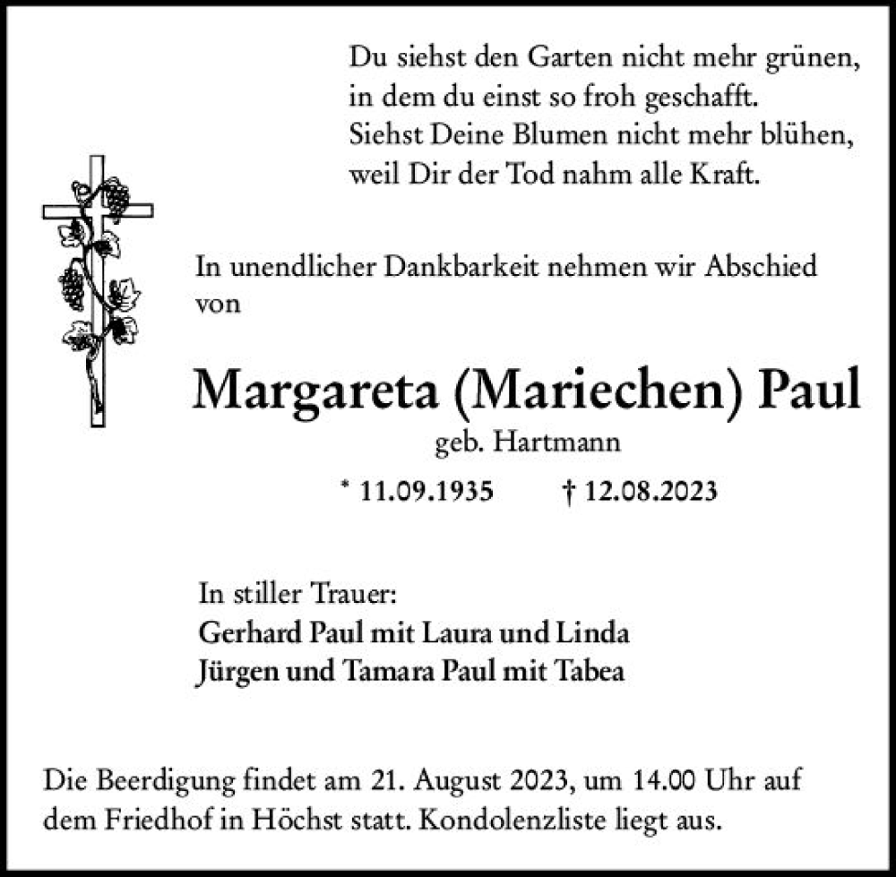  Traueranzeige für Margareta Paul vom 19.08.2023 aus Odenwälder Echo