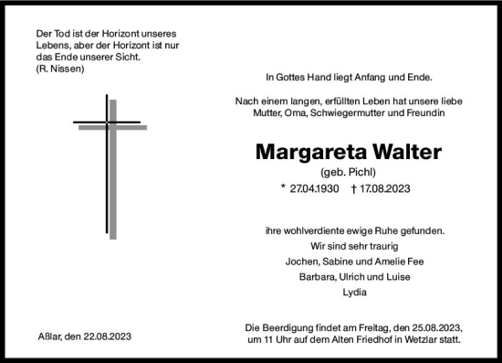 Traueranzeige von Margareta Walter von Wetzlarer Neue Zeitung