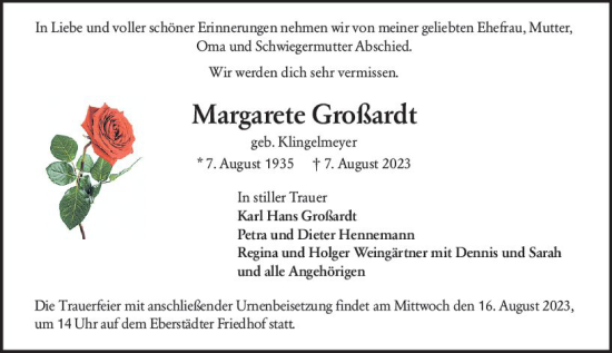 Traueranzeige von Margarete Großardt von Darmstädter Echo