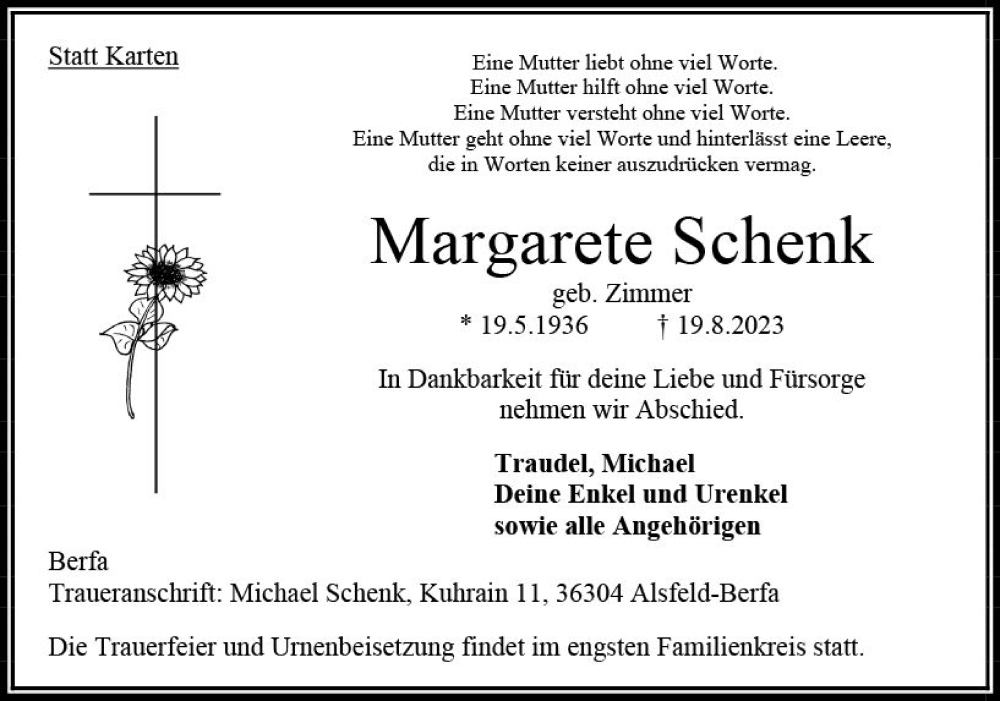  Traueranzeige für Margarete Schenk vom 26.08.2023 aus Oberhessen Kurier
