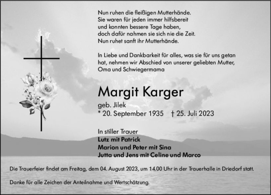 Traueranzeige von Margit Karger von Dill Block