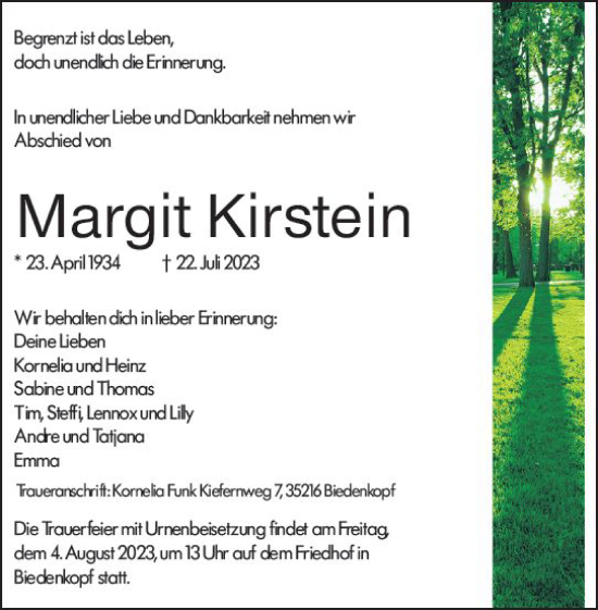 Traueranzeige von Margit Kirstein von Hinterländer Anzeiger