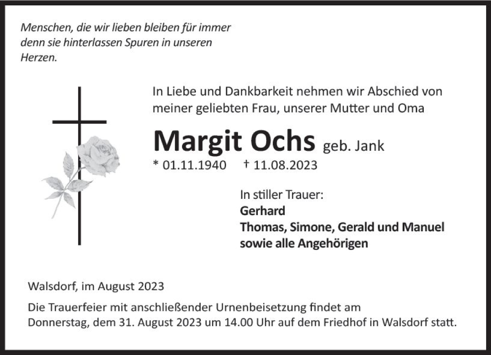  Traueranzeige für Margit Ochs vom 24.08.2023 aus Camberger Anzeiger