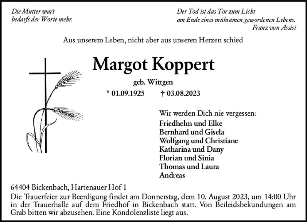  Traueranzeige für Margot Koppert vom 08.08.2023 aus Darmstädter Echo