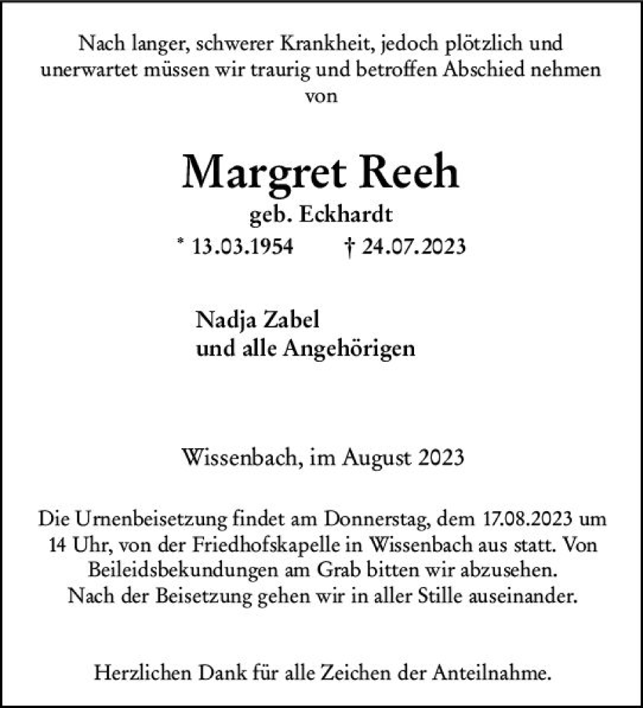  Traueranzeige für Margret Rech vom 15.08.2023 aus Dill Block