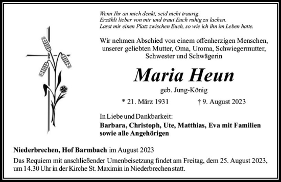 Traueranzeige von Maria Heun von Nassauische Neue Presse