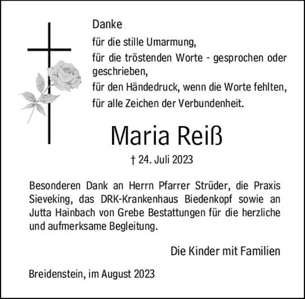  Traueranzeige für Maria Reiß vom 26.08.2023 aus Hinterländer Anzeiger