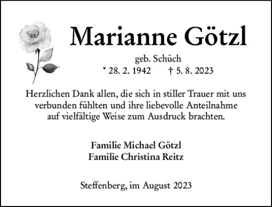 Traueranzeige von Marianne Götzl von Hinterländer Anzeiger