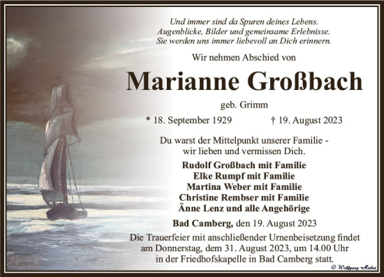 Traueranzeige von Marianne Großbach von Camberger Anzeiger
