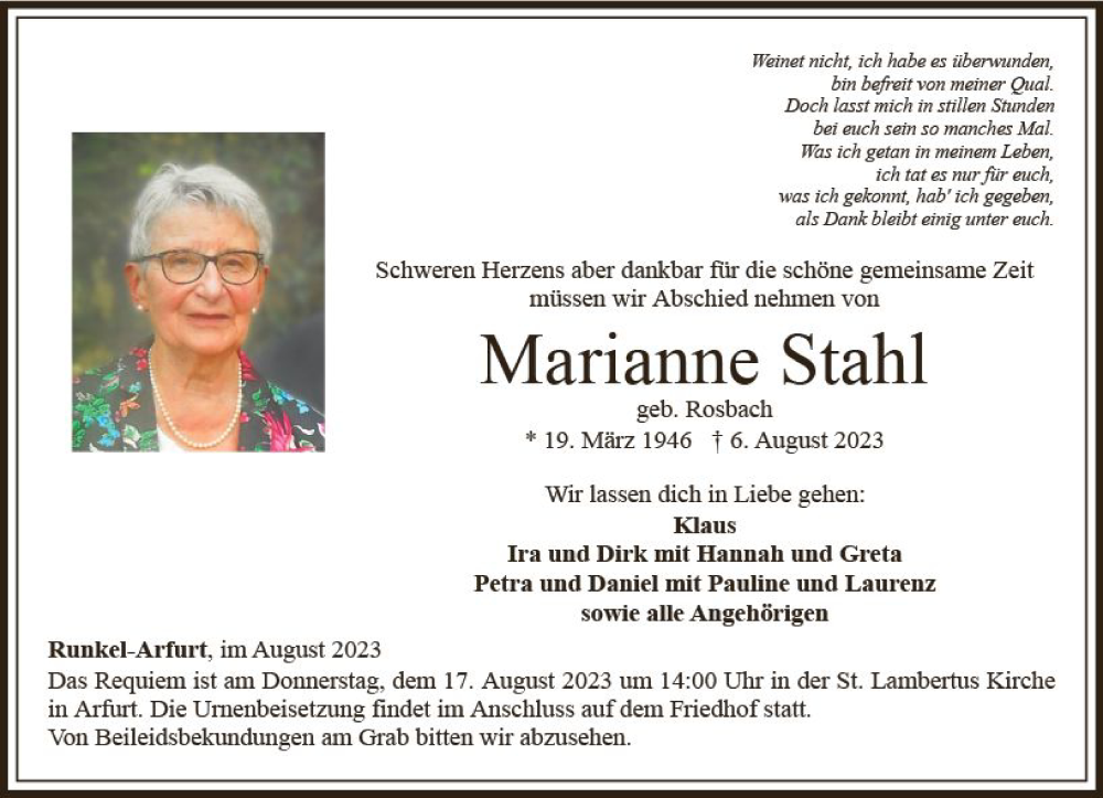  Traueranzeige für Marianne Stahl vom 12.08.2023 aus Nassauische Neue Presse