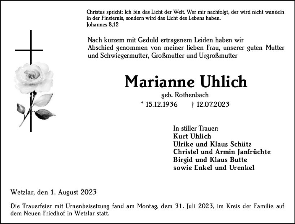  Traueranzeige für Marianne Uhlich vom 01.08.2023 aus Wetzlarer Neue Zeitung