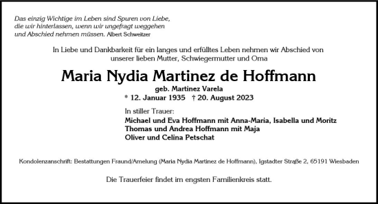 Traueranzeige von Maria Nydia Martinez de Hoffmann von Wiesbadener Kurier