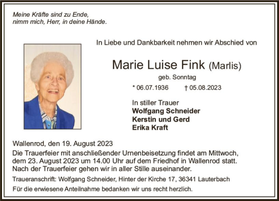 Traueranzeige von Marie Luise Fink von VRM Trauer