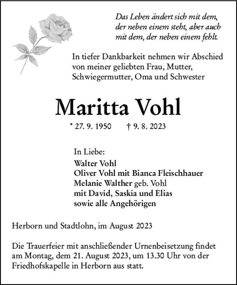  Traueranzeige für Maritta Vohl vom 18.08.2023 aus Dill Block