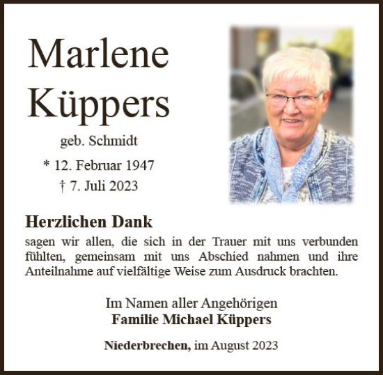 Traueranzeige von Marlene Küppers von Camberger Anzeiger