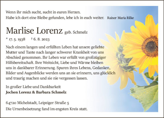 Traueranzeige von Marlise Lorenz von Odenwälder Echo