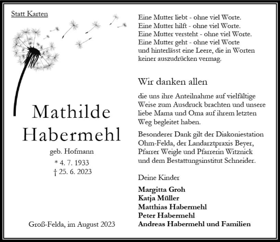 Traueranzeige von Mathilde Habermehl von Oberhessen Kurier