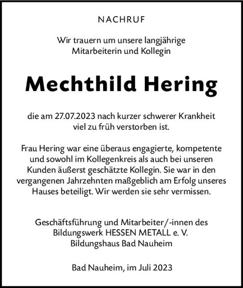  Traueranzeige für Mechthild Hering vom 05.08.2023 aus Nassauische Neue Presse