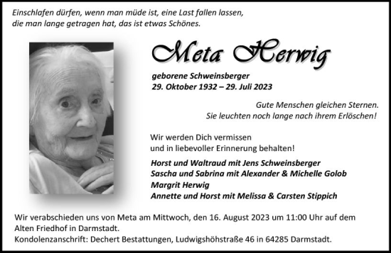 Traueranzeige von Meta Herwig von Darmstädter Echo