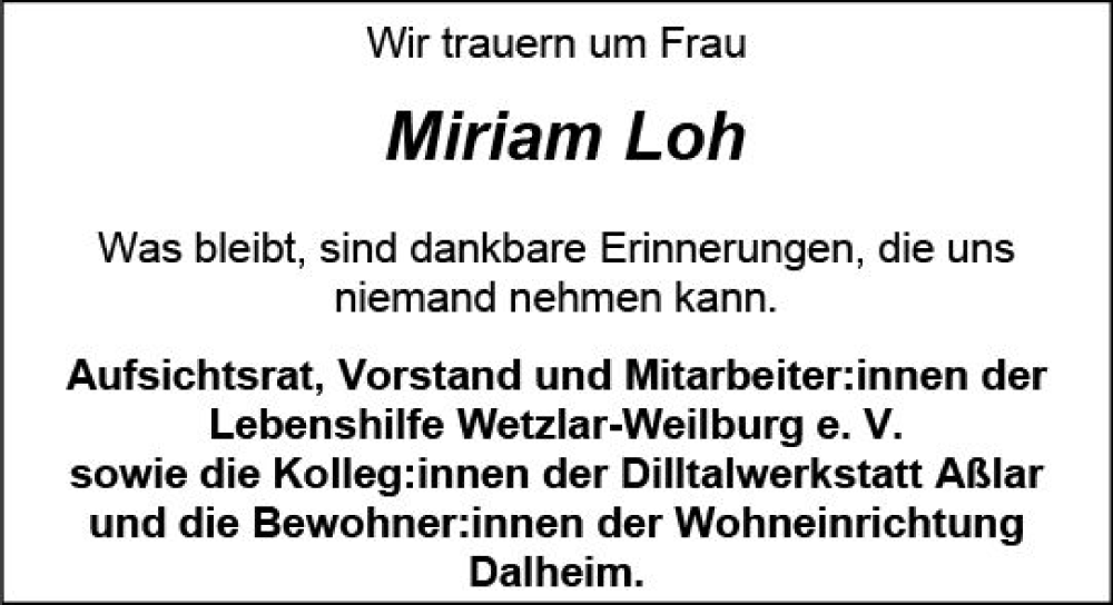  Traueranzeige für Miriam Loh vom 26.08.2023 aus Weilburger Tageblatt