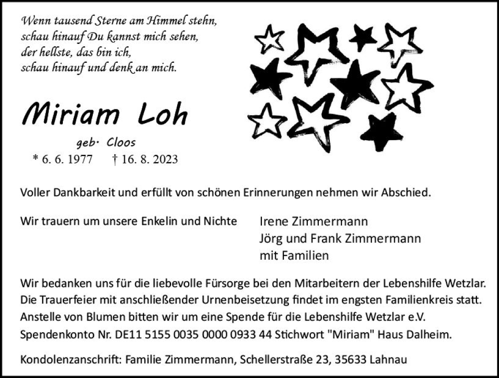  Traueranzeige für Miriam Loh vom 22.08.2023 aus Wetzlarer Neue Zeitung