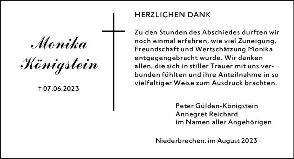 Traueranzeige für Monika Königstein vom 05.08.2023 aus Nassauische Neue Presse