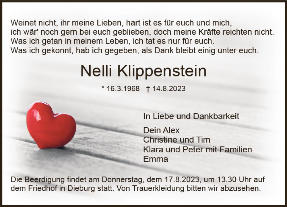  Traueranzeige für Nelli Klippenstein vom 17.08.2023 aus Dieburger Anzeiger/Groß-Zimmerner Lokal-Anzeiger